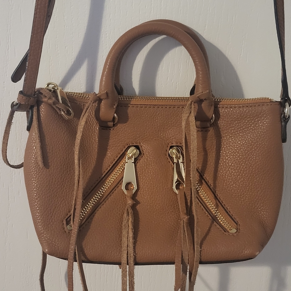 Rebecca Minkoff Purse 10 x 6 Micro Moto Satchel Camel Leather Fringe Crossbody